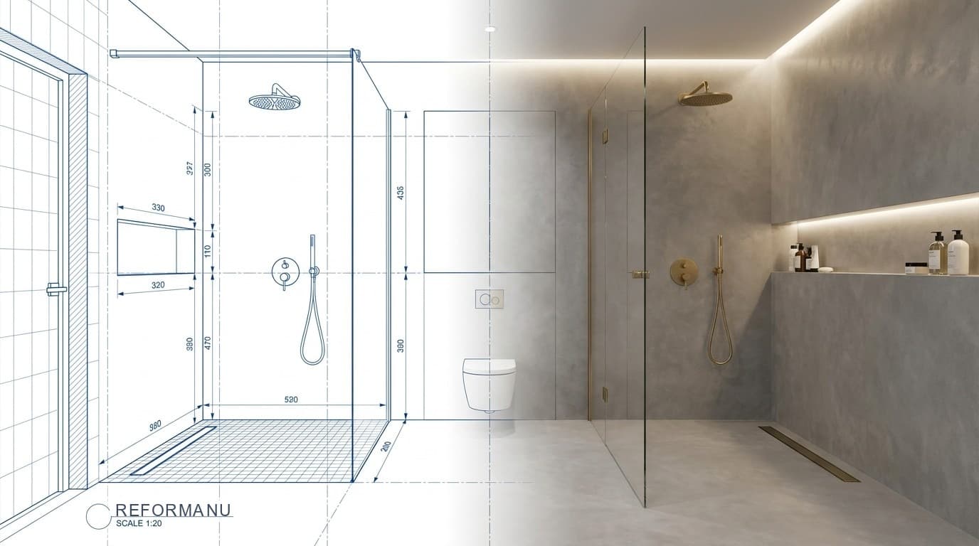 Half technical plan at 1:20 scale, half finished real bathroom