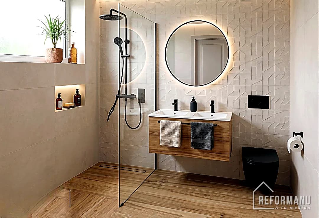 After — Bathroom renovation by REFORMANU: from old bath and tiles to a wet-room shower with floating unit and backlit mirror