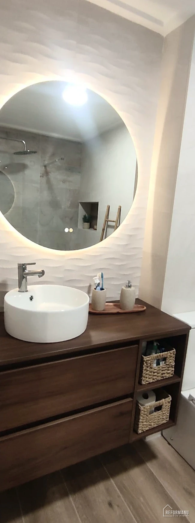 Walnut bathroom with countertop basin